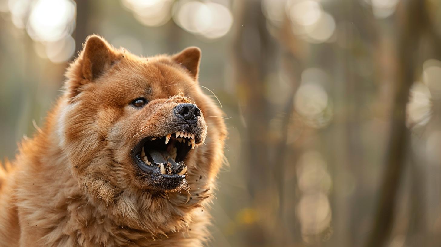 Angry brown dog showing teeth with blurred forest background