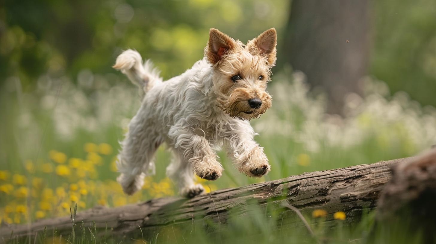 Energetic terrier dog leaping over a fallen log in a field of yellow flowers