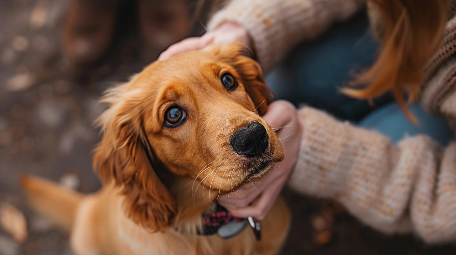 Golden spaniel dog with a pink bandana being petted by a person in a knitted sweater.