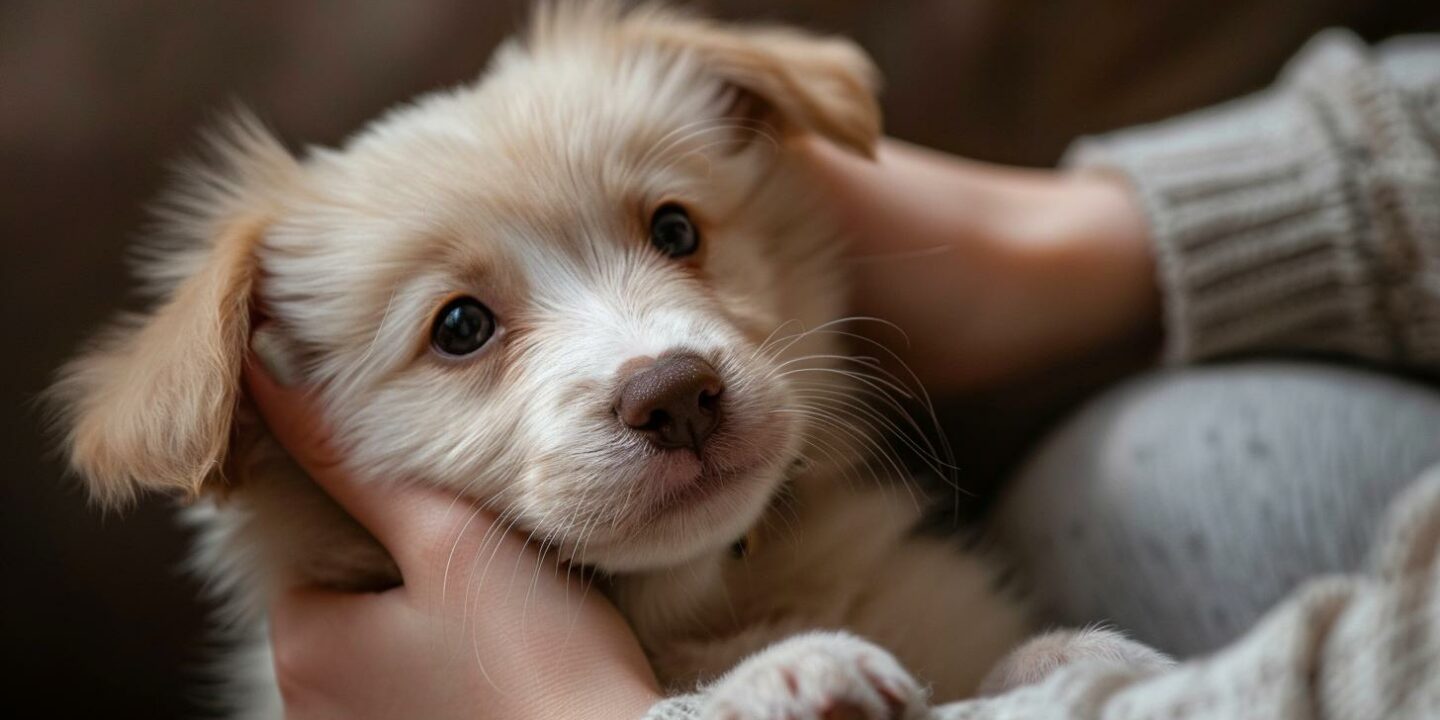 person holding cream puppy fluffy ears