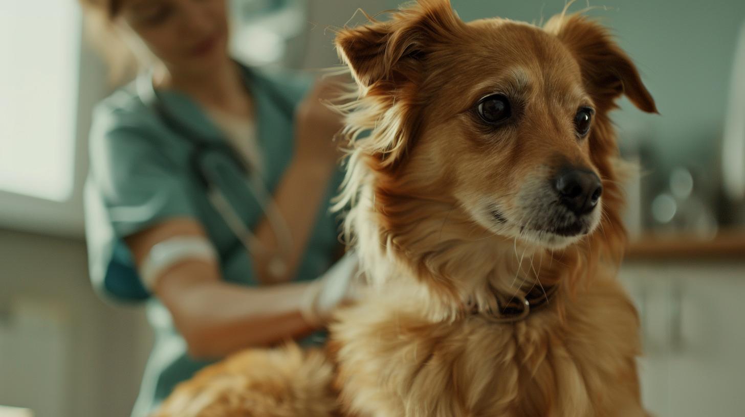 Close-up of a brown dog with a veterinarian in the background in a clinic setting.