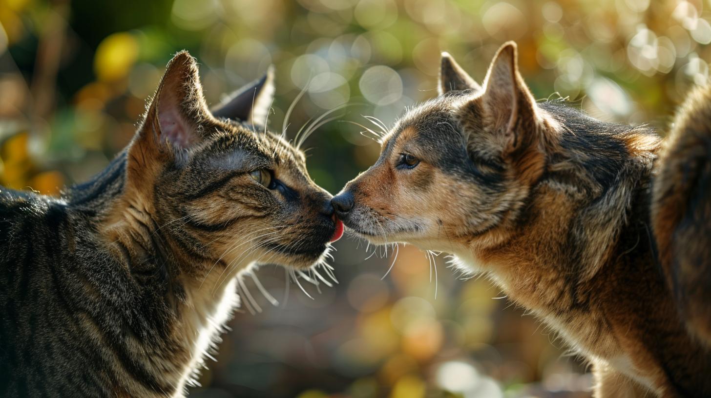 Cat and dog facing each other with noses touching in a sign of affection.