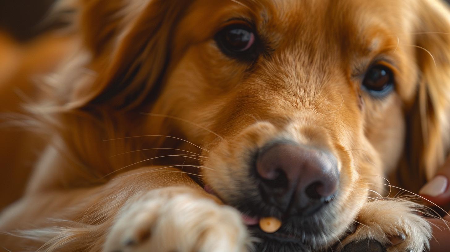 Close-up of a golden retriever dog looking pensive with focus on its eyes.