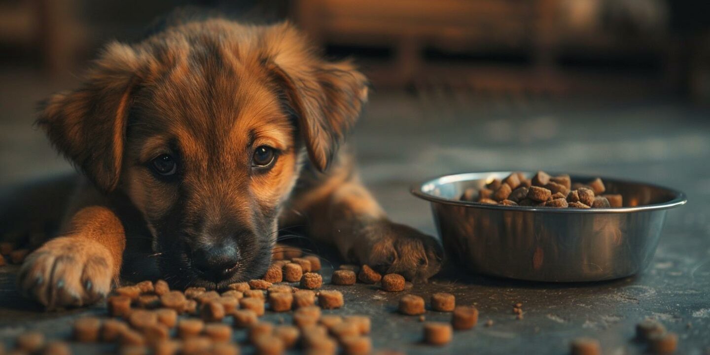 cute brown puppy next to spilled food