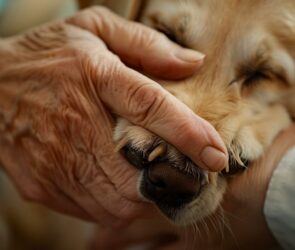 elderly hand petting golden retriever face