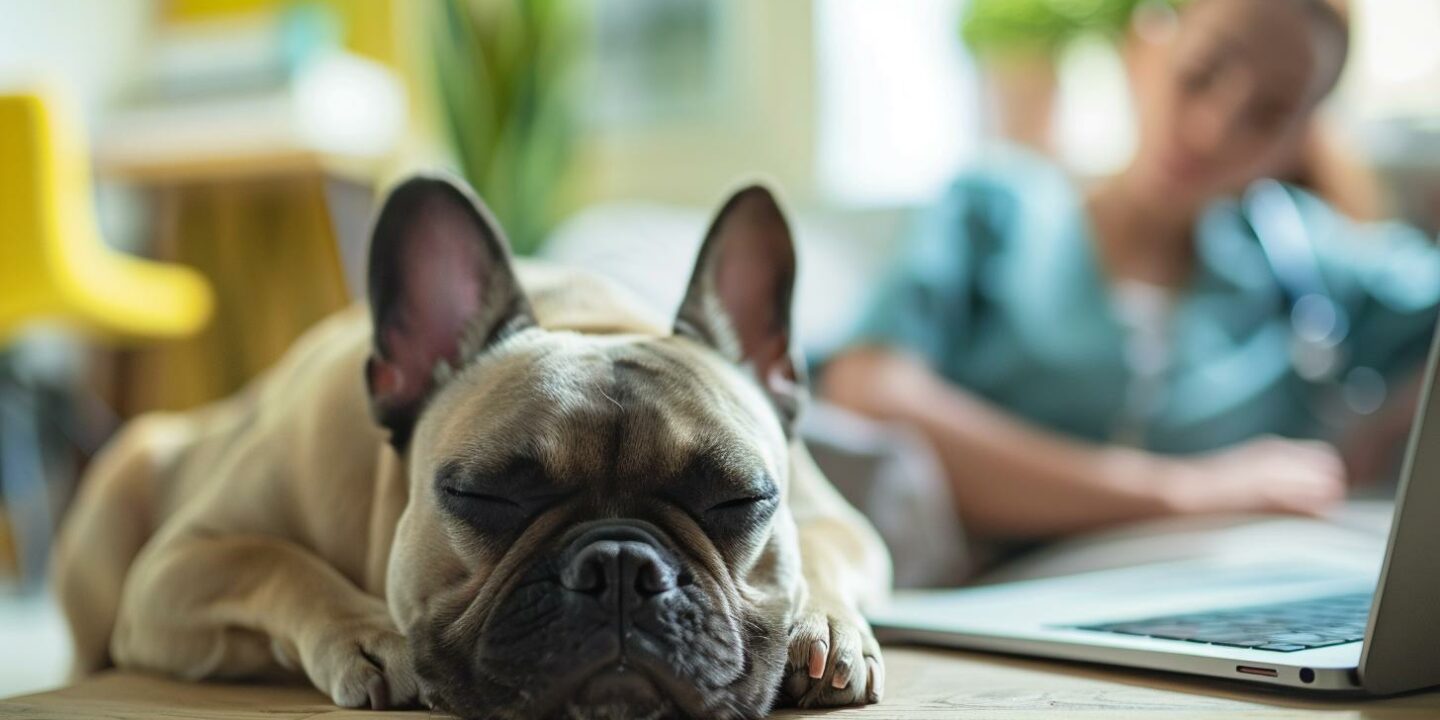 french bulldog sleeping near working woman
