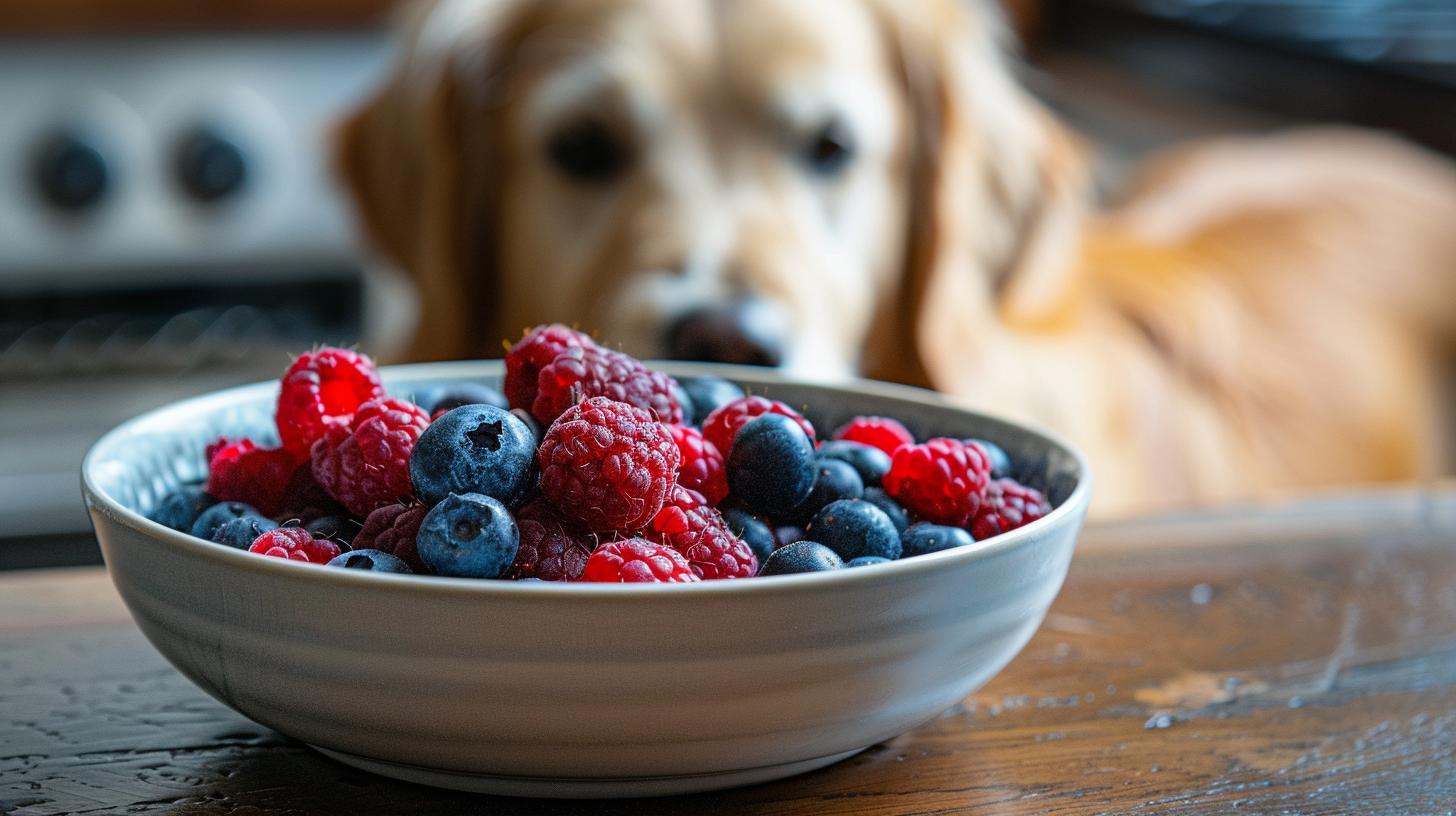 Golden retriever dog looking at a bowl of fresh raspberries and blueberries on a wooden table.
