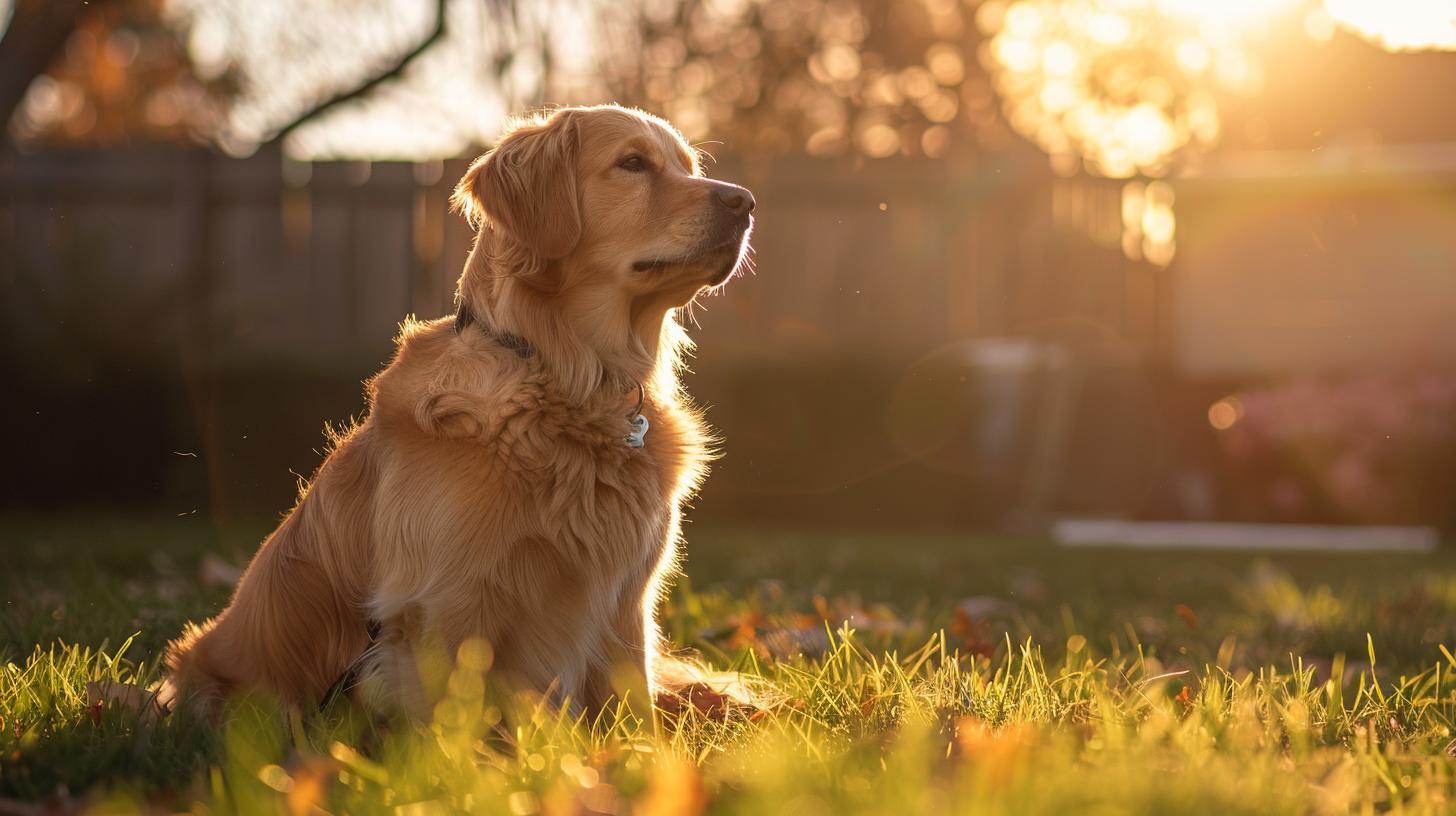 Golden Retriever dog sitting peacefully in sunlit grass with a glowing sunset background.