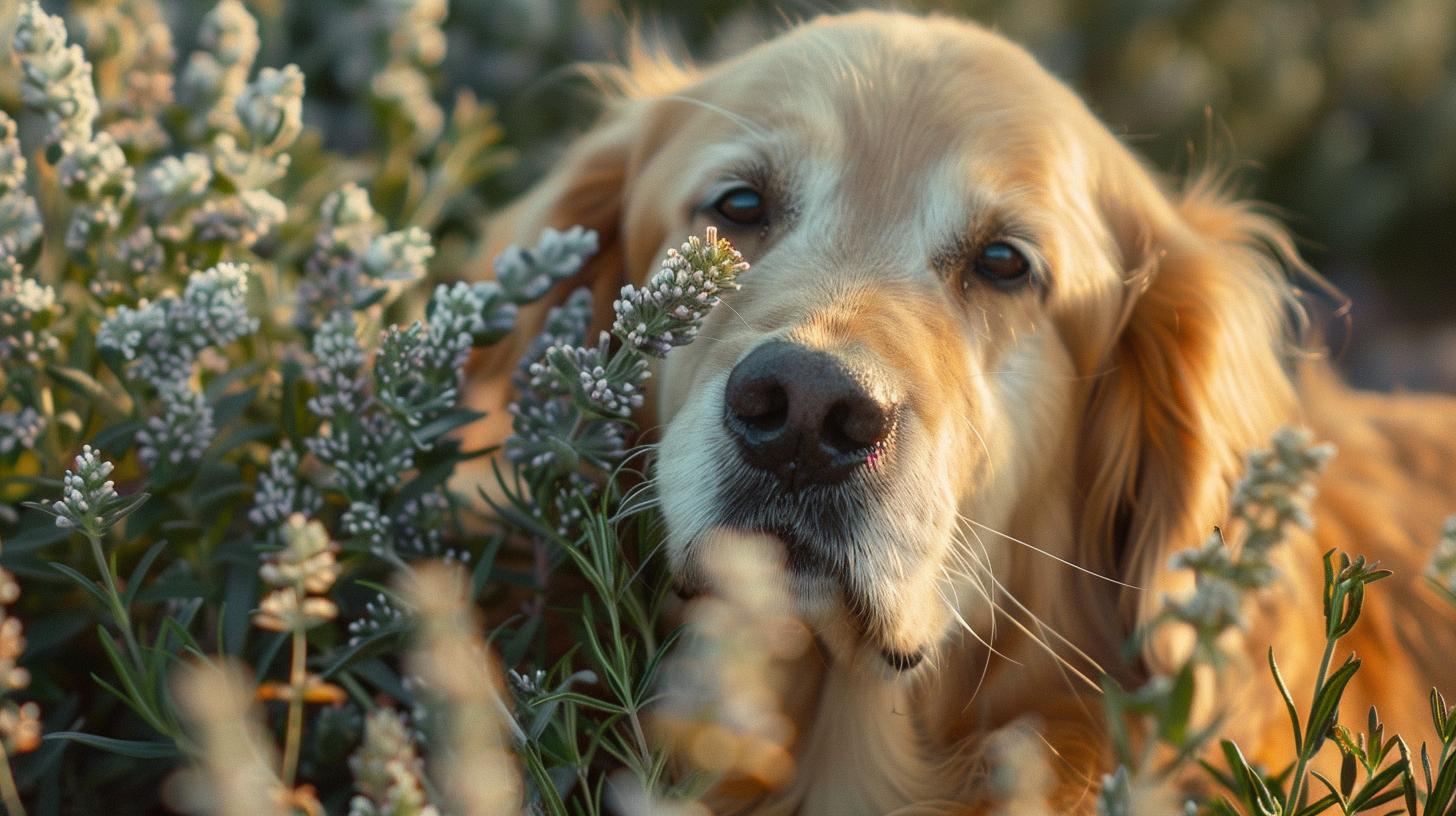 Golden Retriever dog nestled in white flowers during golden hour