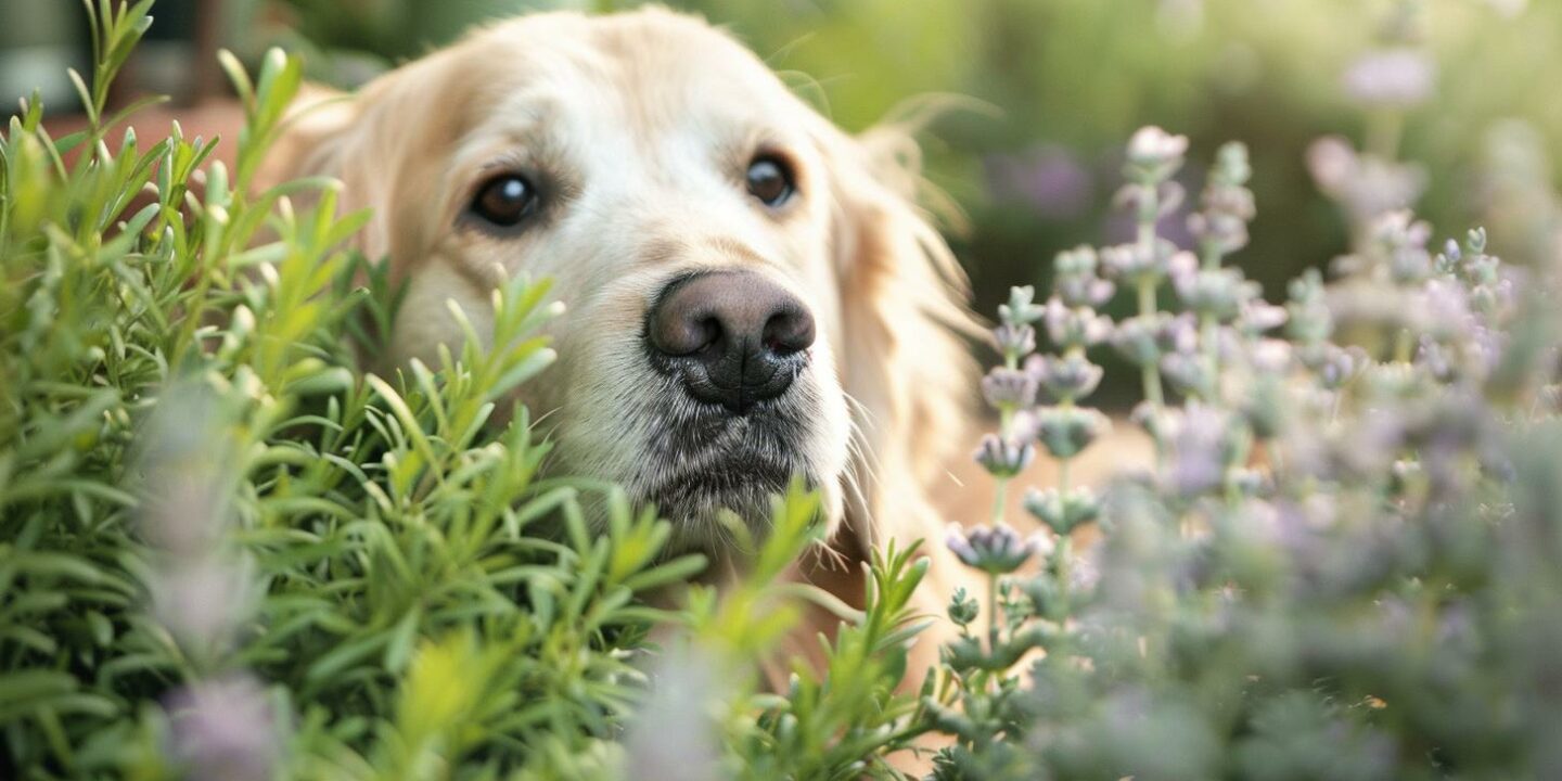 golden retriever peeking through lavender