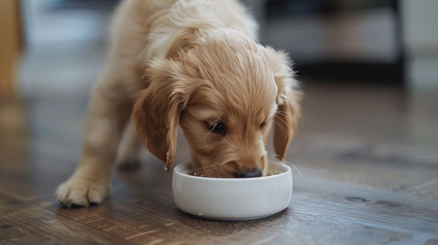 Golden retriever puppy eating from a white bowl on a wooden floor.