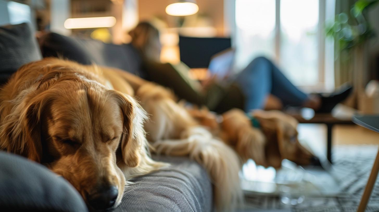 Golden Retriever dog resting on a couch with blurred people in the background in a cozy home setting
