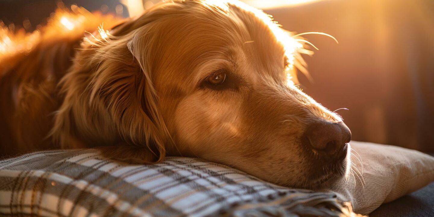 golden retriever sunlit cushion rest