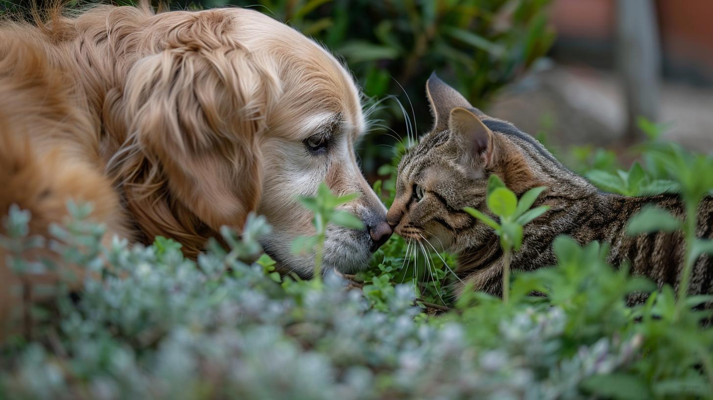 Golden retriever and tabby cat touching noses in a garden setting