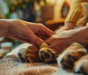 human hands holding cat paw close up warm light