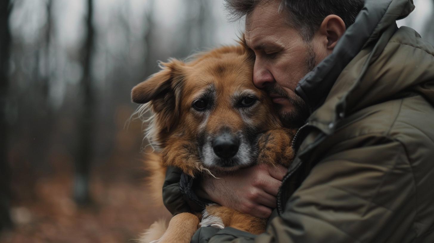 Man embracing his brown dog in a forest setting.