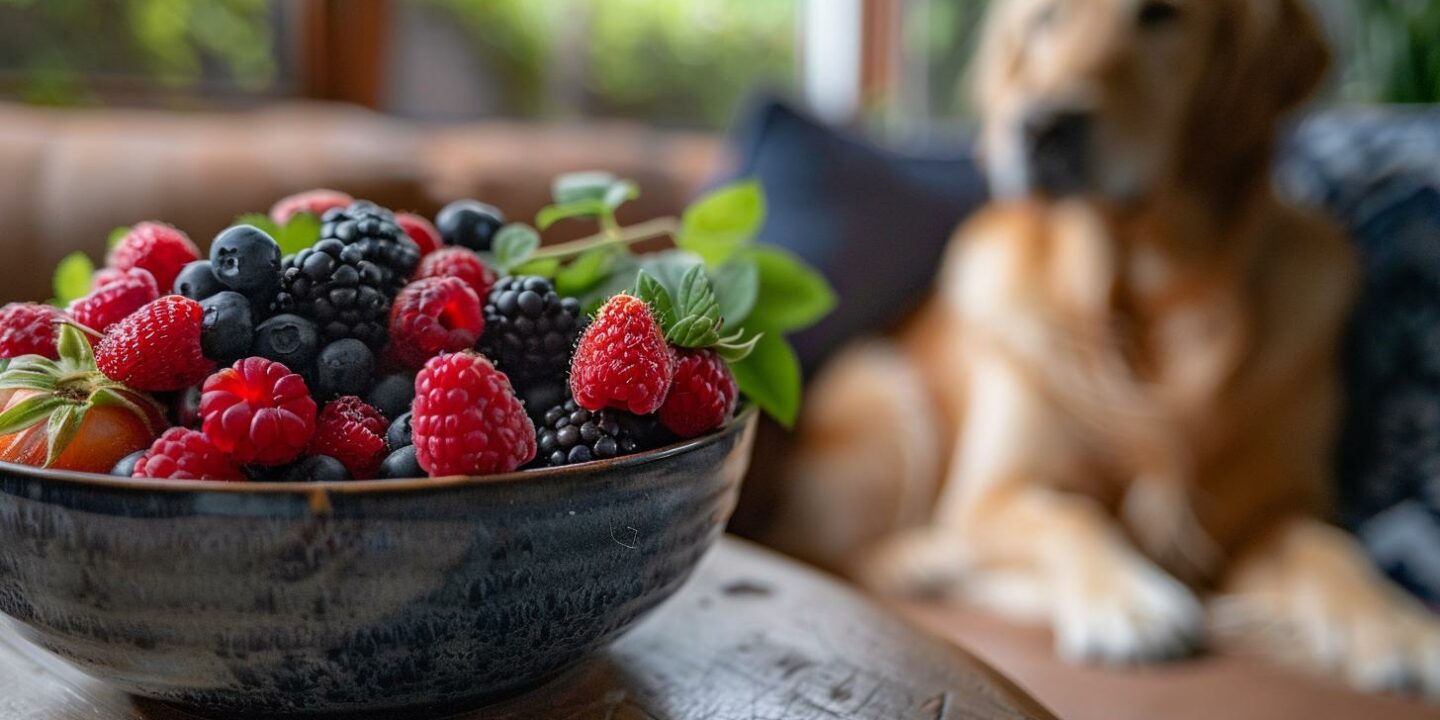 mixed berries bowl wooden table golden retriever background
