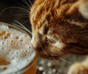 orange tabby cat sniffing beer glass