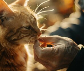 person feeding ginger cat outdoors sunlight