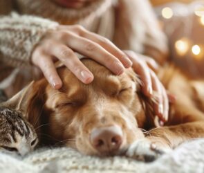 person petting dog cat cozy blanket warm lights
