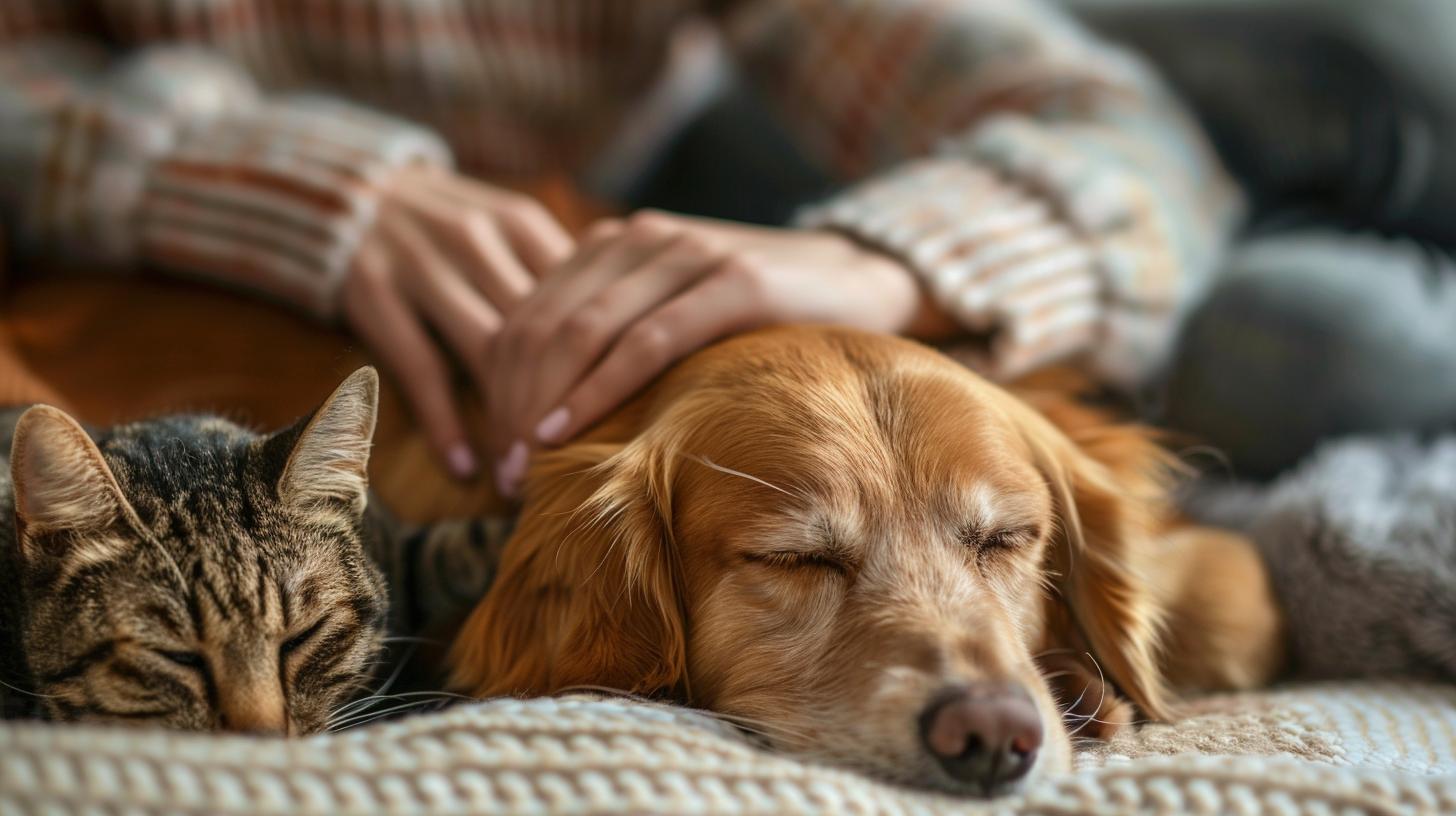 A tabby cat and a golden retriever dog sleeping together on a cozy knitted blanket with a person's hand gently resting on the dog.
