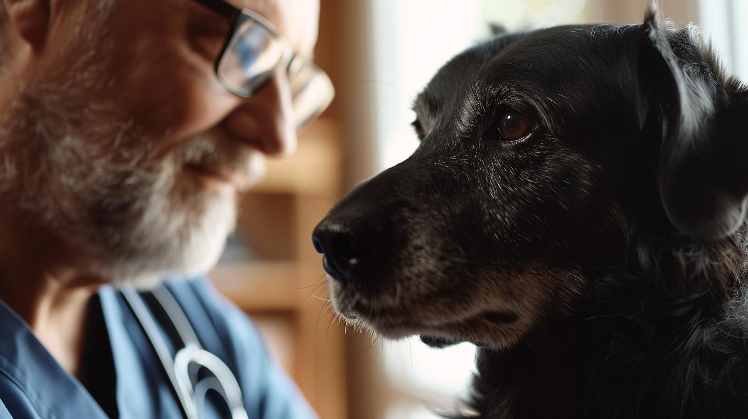 Close-up of a veterinarian gazing affectionately at a black dog