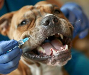 veterinarian brushing brown dog teeth dental care
