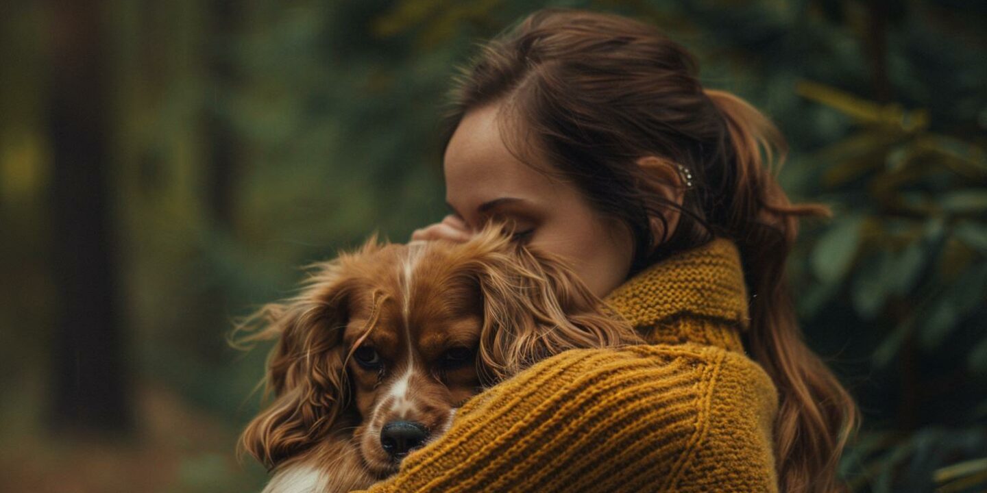 woman hugging spaniel in autumn