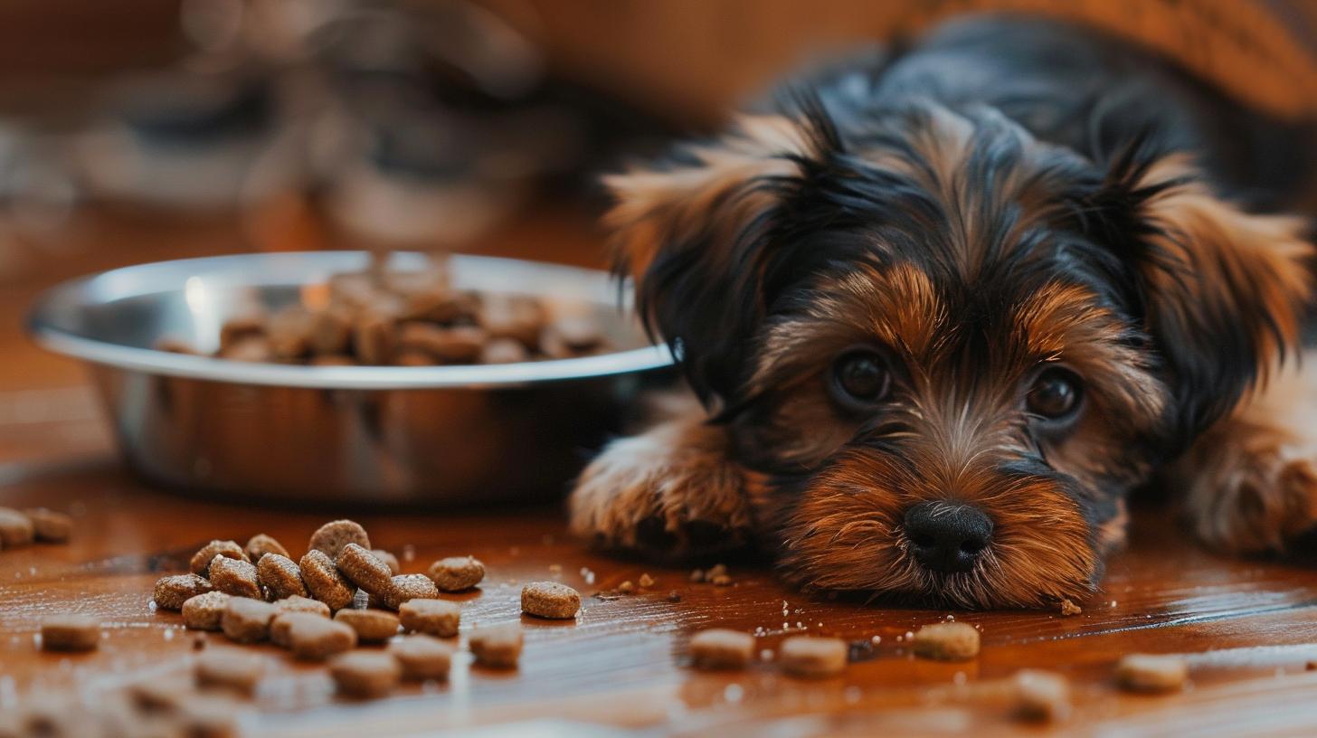 Small Yorkshire Terrier puppy lying next to a bowl of dog food with kibble scattered on wooden floor