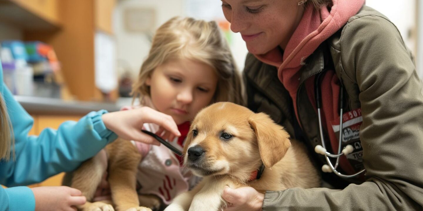 young girl vet examining golden retriever puppy